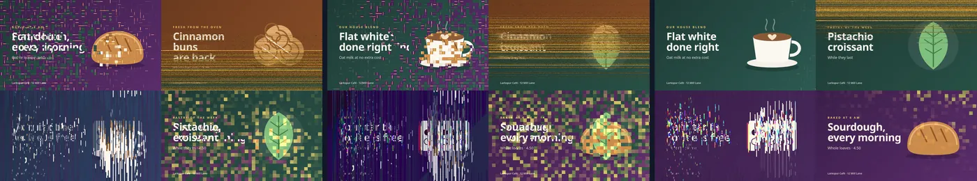 Three moments of the same change side by side: early, halfway and nearly finished, with each quadrant finishing at its own pace.