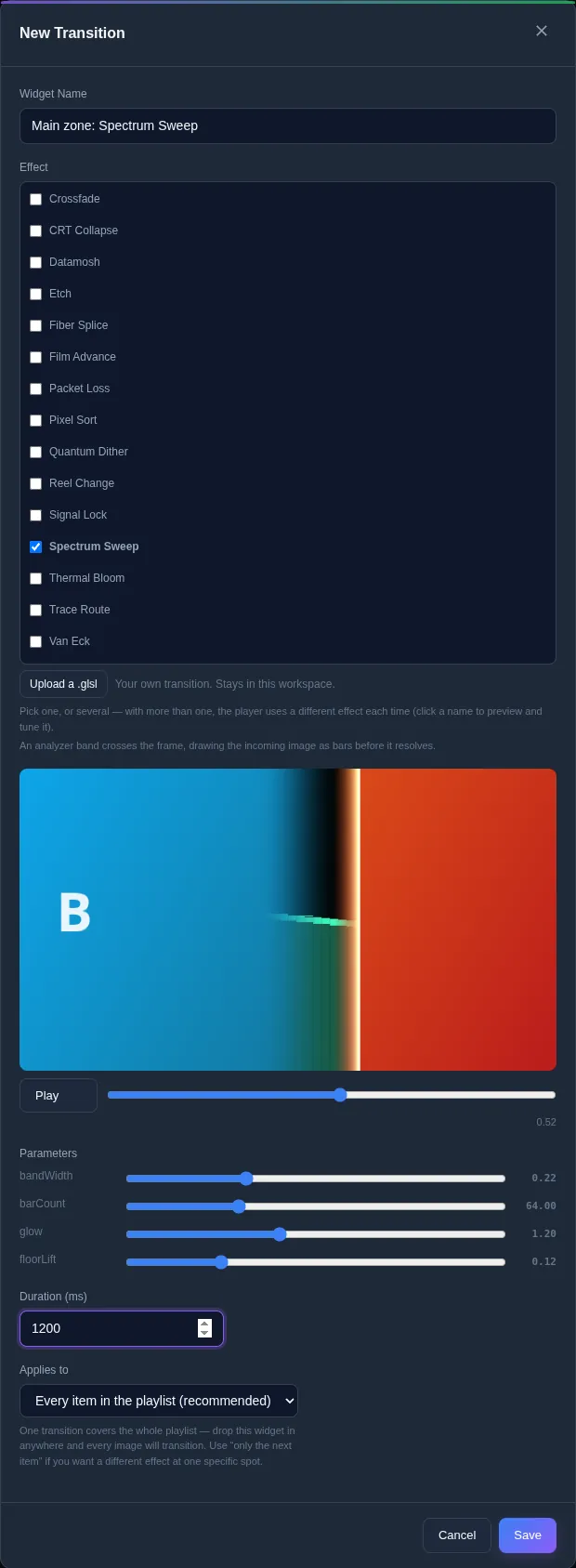 The New Transition form. Spectrum Sweep is ticked in the Effect list, the preview is stopped halfway with a bright band sweeping from one placeholder picture to the next, its four parameter sliders are shown, Duration is 1200 ms and Applies to is Every item in the playlist.